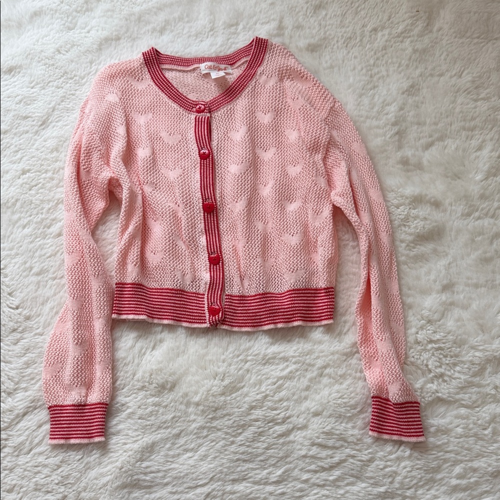 Cat & Jack Pink Cropped Heart Knit Cardigan with Dark Pink Trim